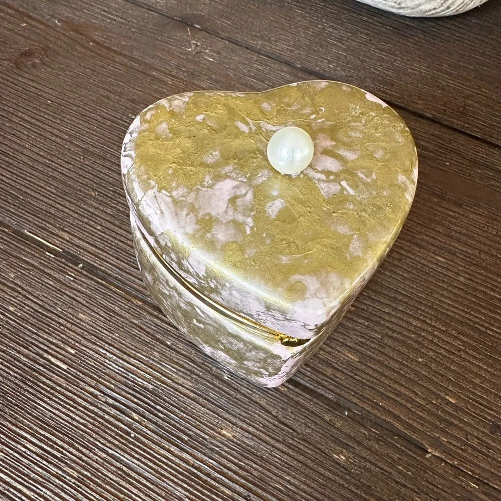 Handcrafted hand painted artisan ceramic pink gold jewelry trinket box